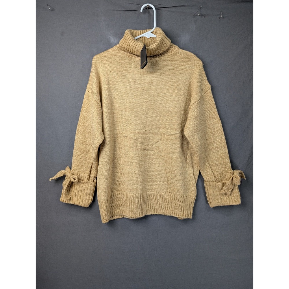 JIFFUNNY & DO Womens Tan Turtleneck Sweater Tie Cuff Large